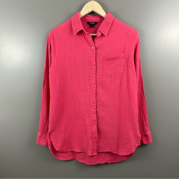Rachel Roy Pink Cotton Crinkle Button-Up Long Sleeve Shirt Overshirt Size Small - Picture 2 of 7